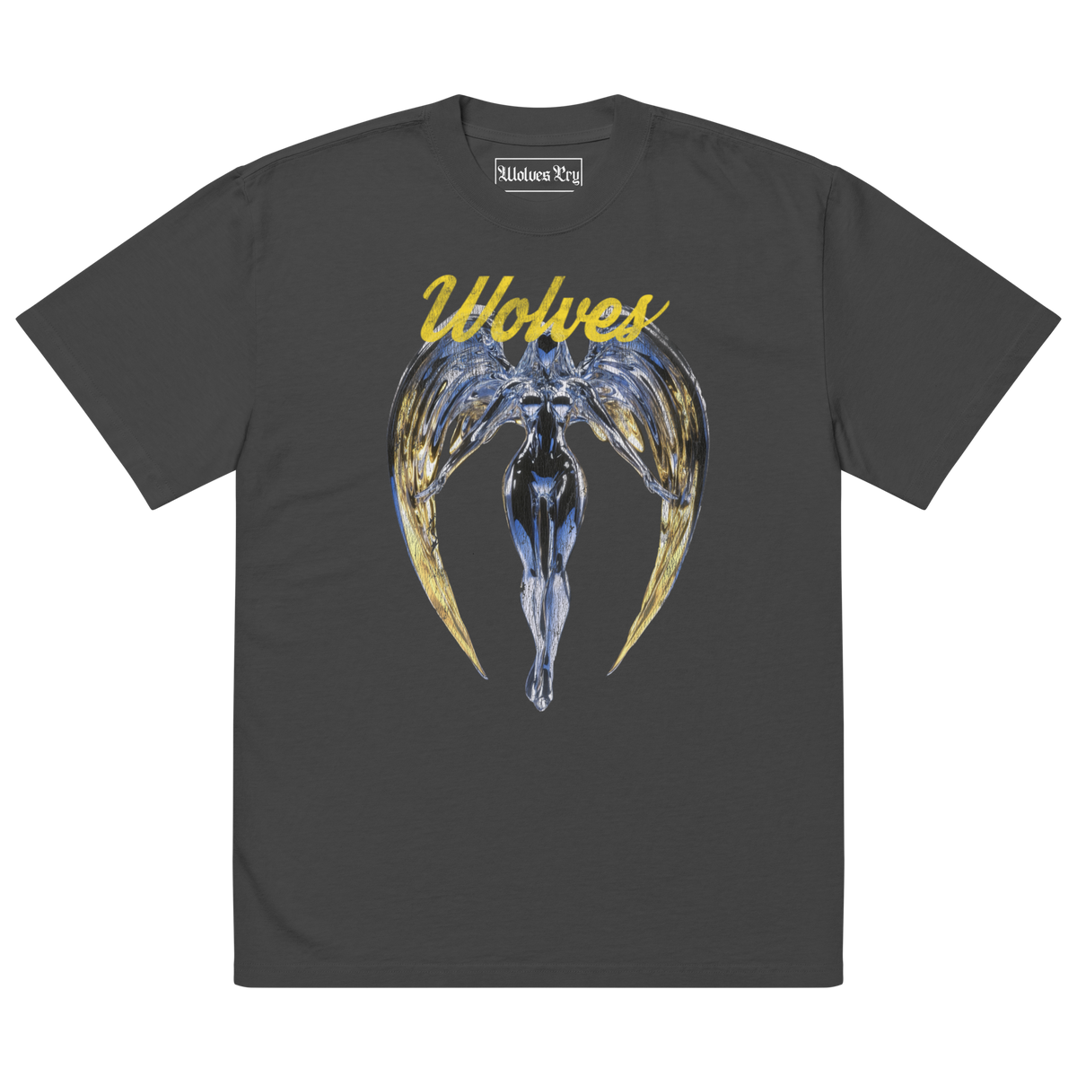 Wolves Cry Originals oversized Angels tee in vintage black featuring metallic angel artwork and Wolves Cry lettering.