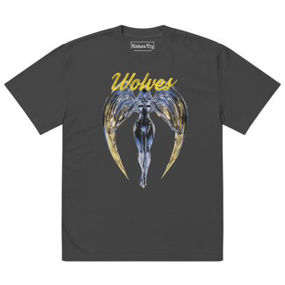 Wolves Cry Originals oversized Angels tee in vintage black featuring metallic angel artwork and Wolves Cry lettering.