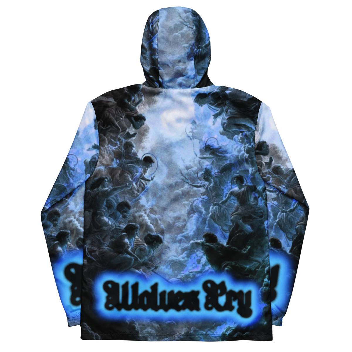 A hooded wolves cry windbreaker shown from the back, featuring an all-over graphic print of swirling blue and black smoke with wolf silhouettes. The bottom features the text 'wolves Cry' in a stylized black gothic font with a glowing blue outline.