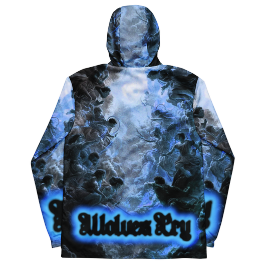A hooded wolves cry windbreaker shown from the back, featuring an all-over graphic print of swirling blue and black smoke with wolf silhouettes. The bottom features the text 'wolves Cry' in a stylized black gothic font with a glowing blue outline.