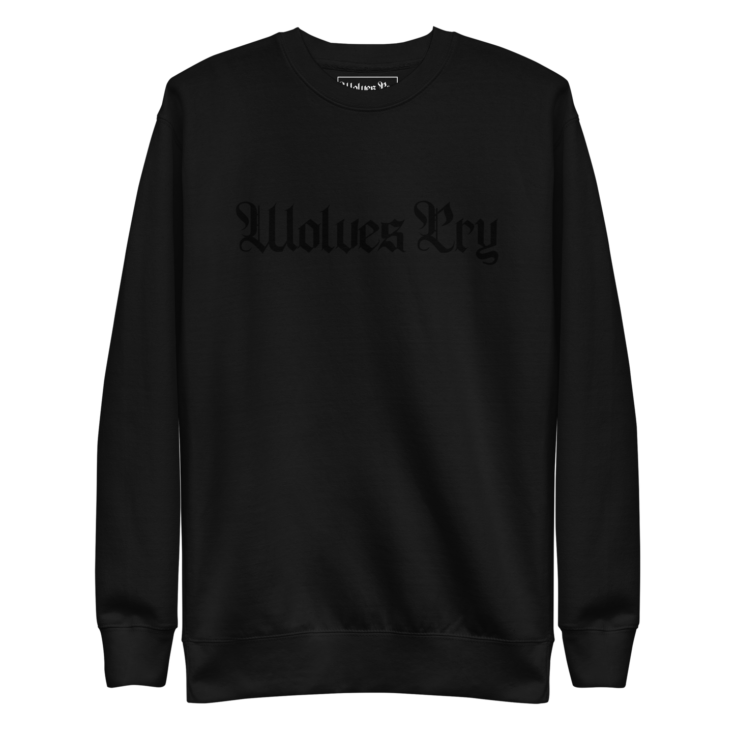 Black sweatshirt with 'Wolves Cry' text on a white background