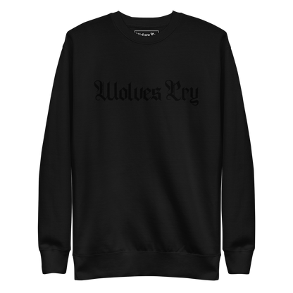 Black sweatshirt with 'Wolves Cry' text on a white background