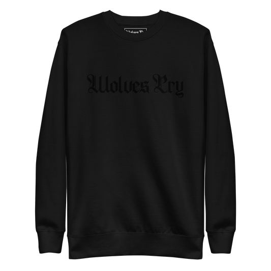 Black sweatshirt with 'Wolves Cry' text on a white background