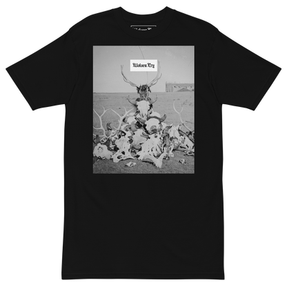 Wolves Cry Death Valley Tee in black, featuring a bold black-and-white graphic of skulls and antlers. Made from heavyweight combed cotton for a premium streetwear fit.
