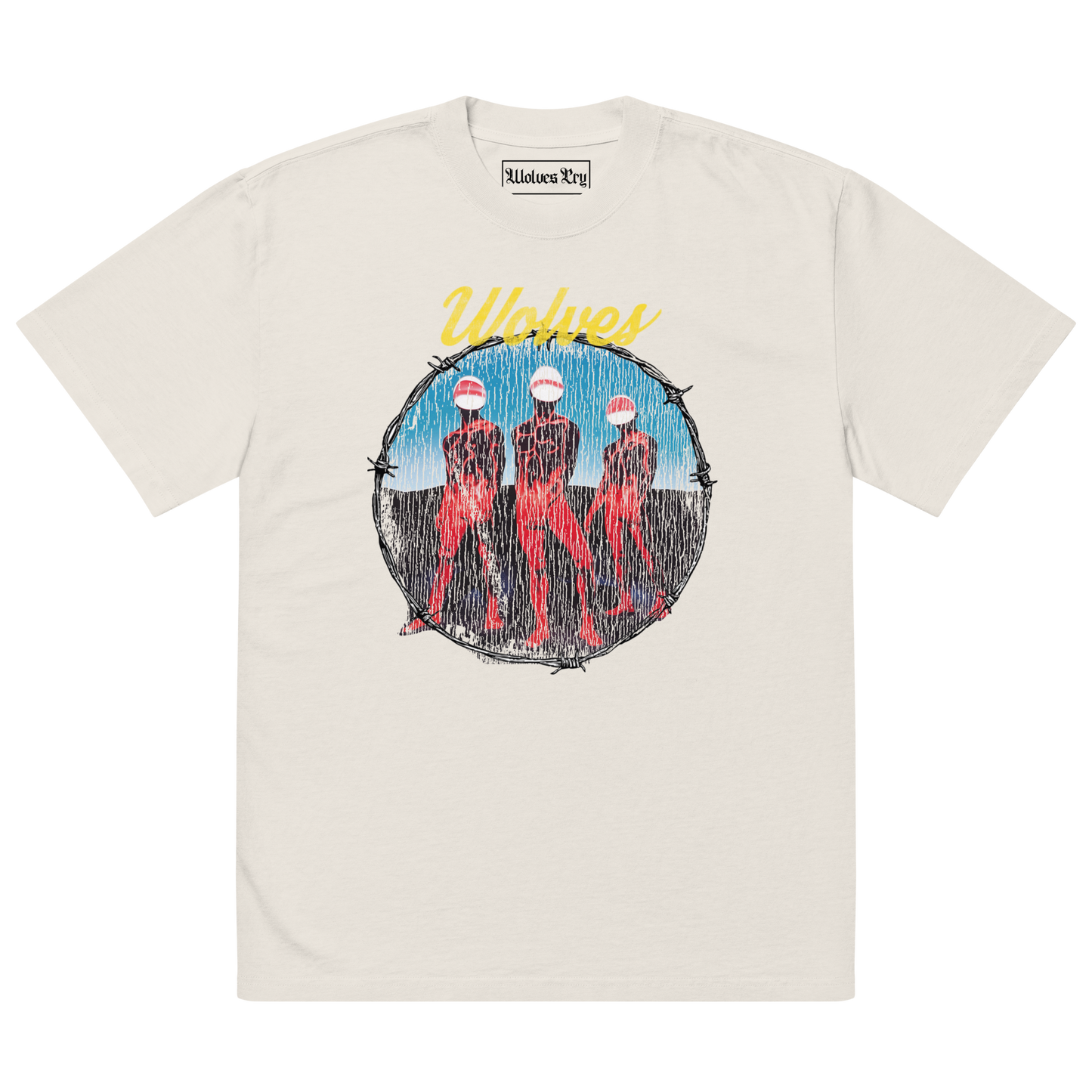 Wolves Cry Descendants oversized tee in bone — vintage washed off-white shirt with multicolor graphic and relaxed streetwear fit.