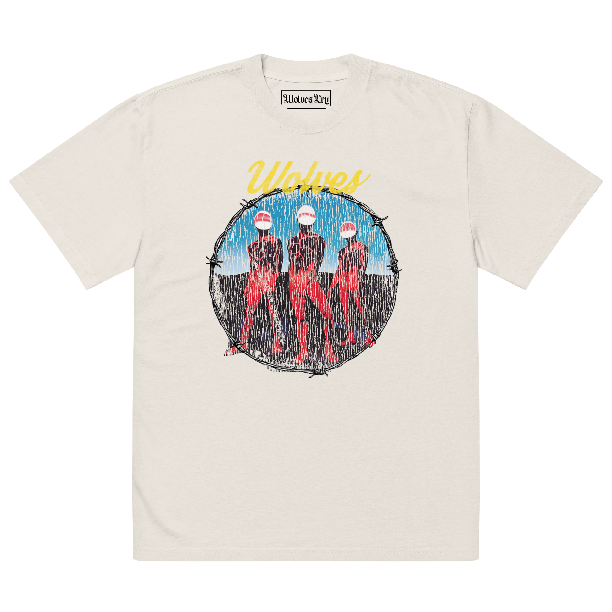 Wolves Cry Descendants oversized tee in bone — vintage washed off-white shirt with multicolor graphic and relaxed streetwear fit.