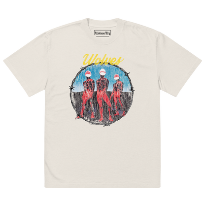 Wolves Cry Descendants oversized tee in bone — vintage washed off-white shirt with multicolor graphic and relaxed streetwear fit.
