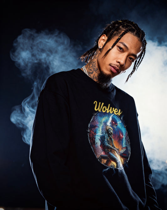 Model wearing the black Electric Symphony crew with cinematic smoke backdrop — bold band-era graphic, modern streetwear aesthetic.