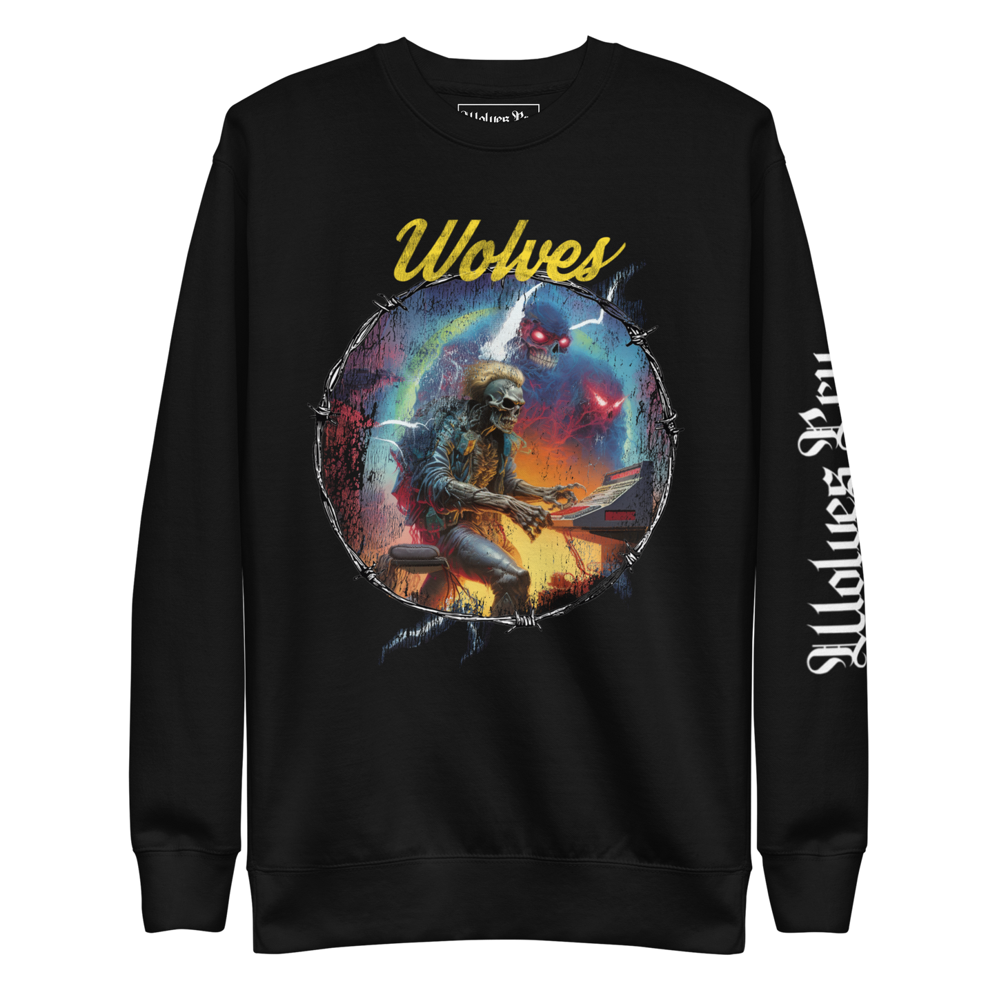 Wolves Cry Electric Symphony crewneck in black — oversized vintage fit with multicolor graphic and Wolves Cry front text.