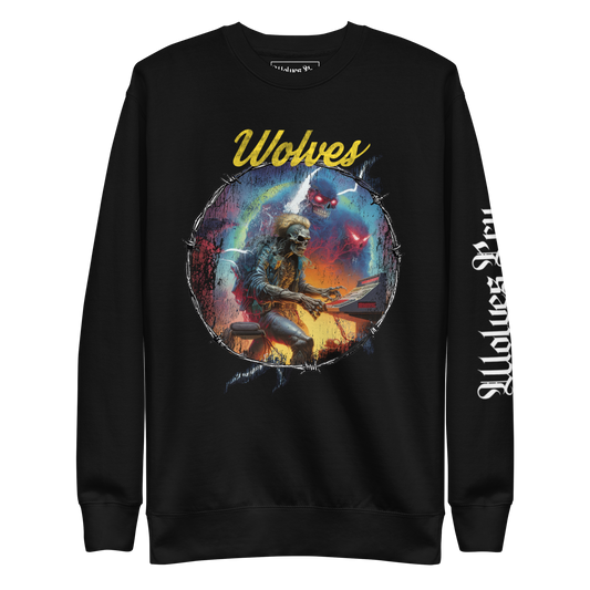 Wolves Cry Electric Symphony crewneck in black — oversized vintage fit with multicolor graphic and Wolves Cry front text.