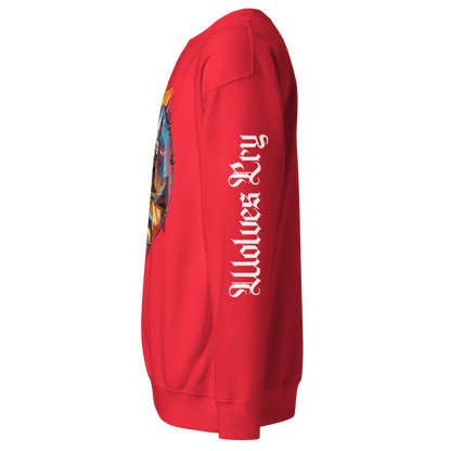 Close-up side view of the red Electric Symphony crewneck featuring Wolves Cry sleeve hit and graphic detail.