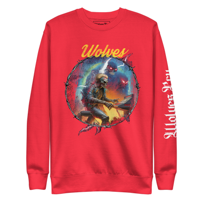 Wolves Cry Electric Symphony crewneck in red — bold oversized fit with multicolor graphic and Wolves Cry chest text.