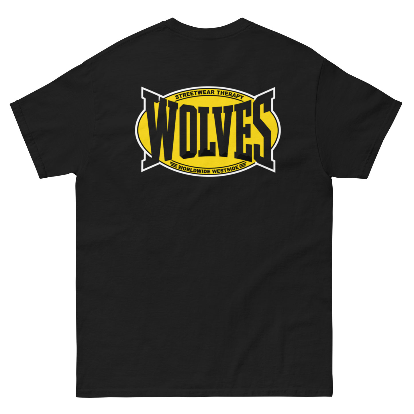 A black short-sleeve t-shirt shown flat against a white background, featuring a large graphic on the chest with the word 'WOLVES' in black over a yellow shape, plus smaller yellow and white text reading 'STREETWEAR THERAPY' and WORLDWIDE WESTSIDE
