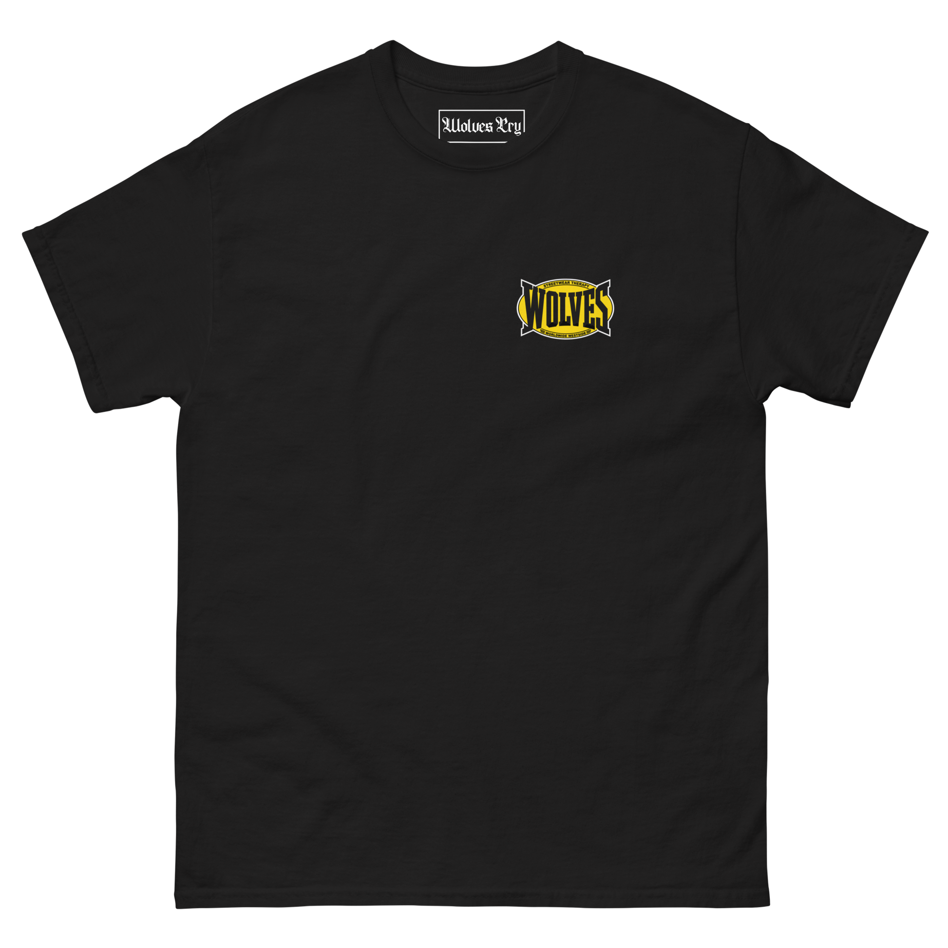A black short-sleeve crewneck t-shirt with a yellow and black 'Wolves' graphic on the left chest, Wolves cry everlast 90s tee shirt.