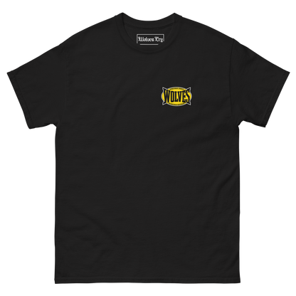 A black short-sleeve crewneck t-shirt with a yellow and black 'Wolves' graphic on the left chest, Wolves cry everlast 90s tee shirt.