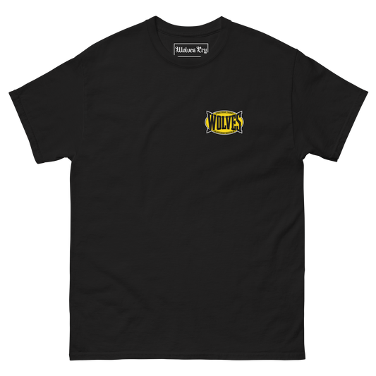 A black short-sleeve crewneck t-shirt with a yellow and black 'Wolves' graphic on the left chest, Wolves cry everlast 90s tee shirt.