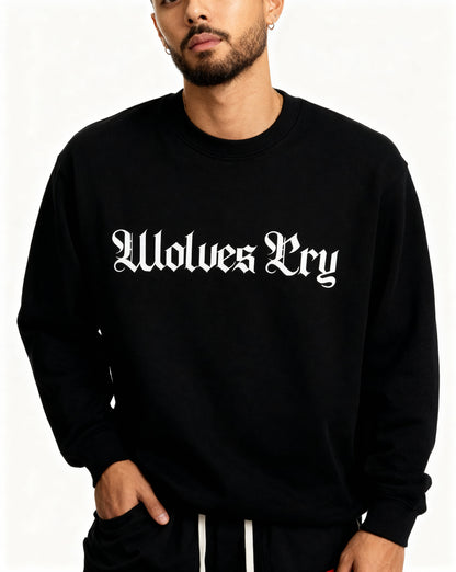 Model wearing Wolves Cry Everyday Crew in black and white — timeless monochrome design blending street heritage with modern simplicity.