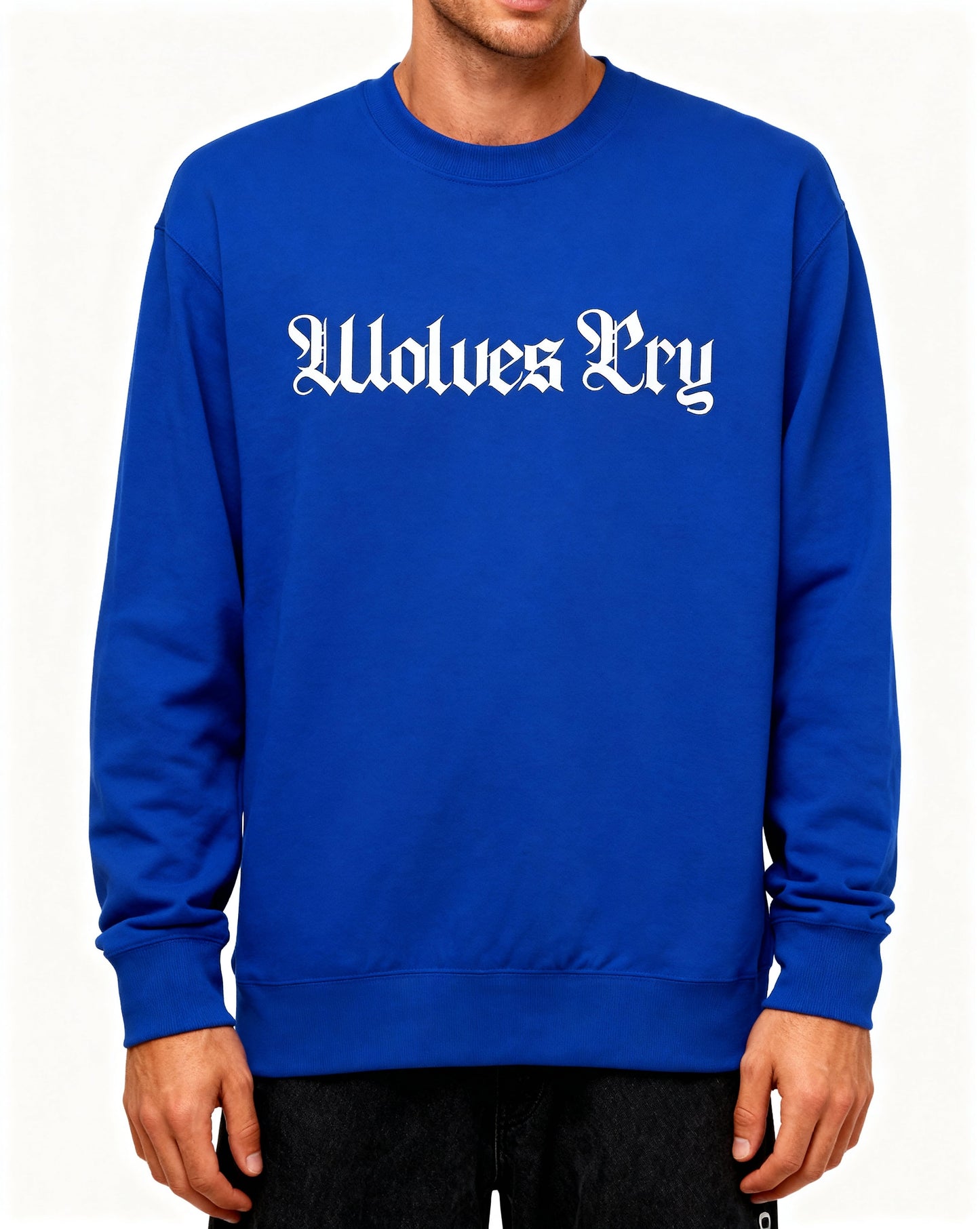Close-up of Wolves Cry Everyday Crew in royal blue and white — detailed embroidery and heavyweight cotton finish for everyday wear.