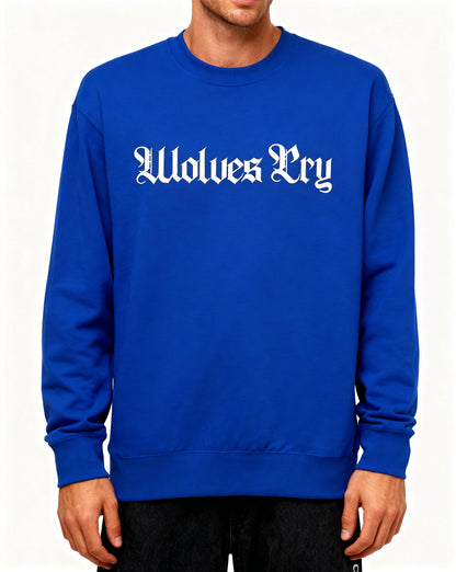 Close-up of Wolves Cry Everyday Crew in royal blue and white — detailed embroidery and heavyweight cotton finish for everyday wear.