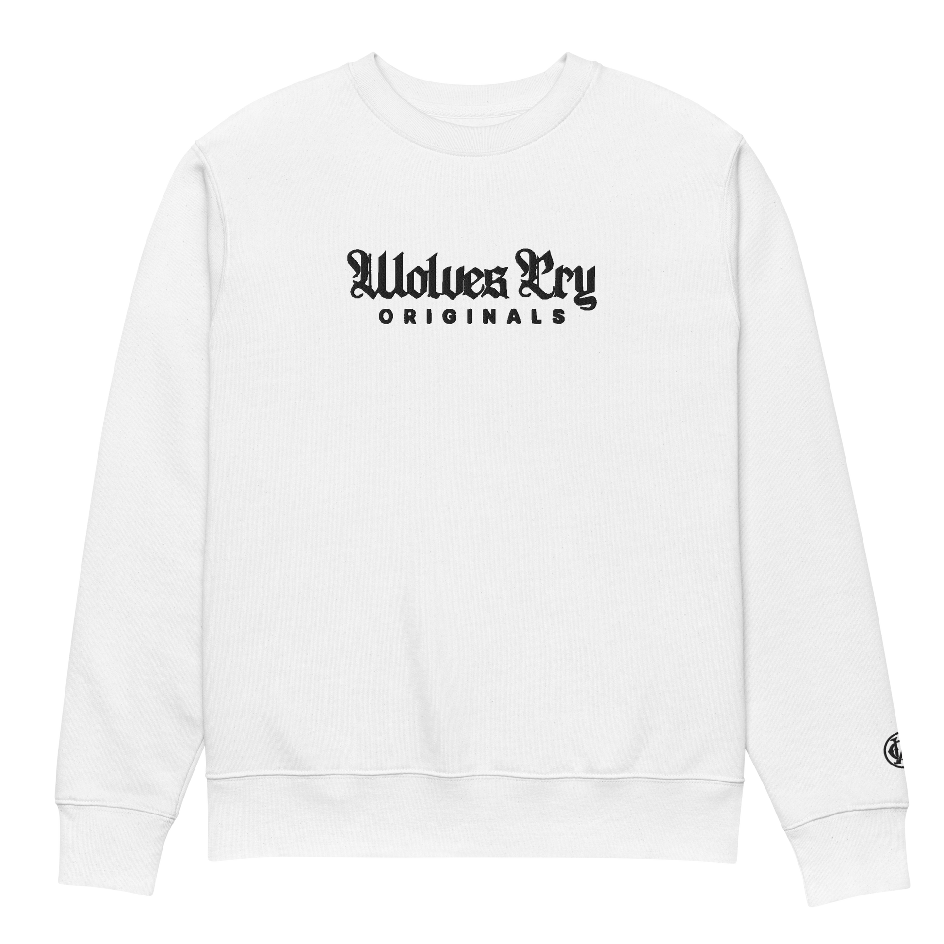 Wolves Cry Embroidered Plain Jane Crew in white — refined streetwear sweatshirt with minimalist tonal embroidery.