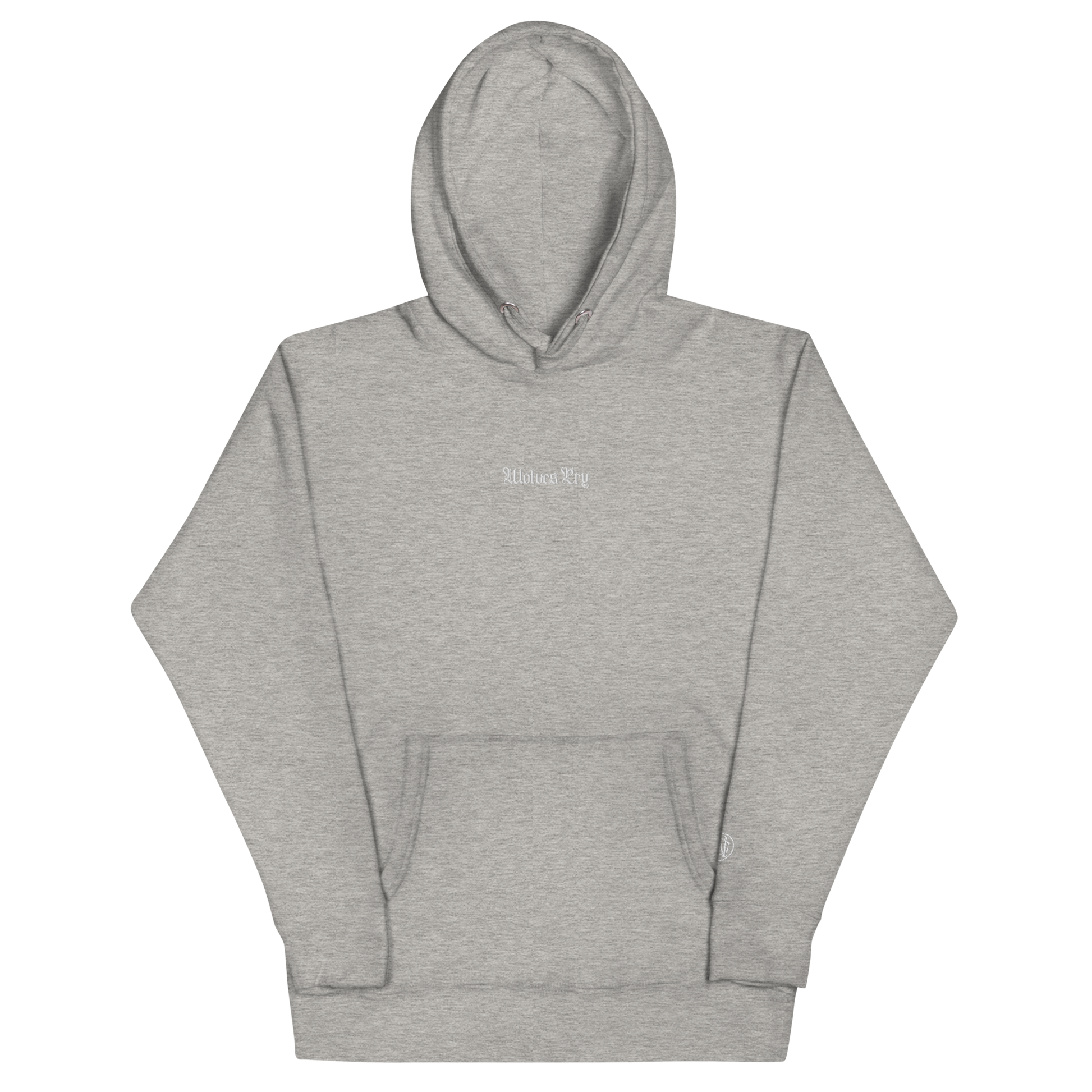 Front mock-up of Wolves Cry Everyday Hoodie in heather grey with tonal embroidery — classic gym-to-street look.