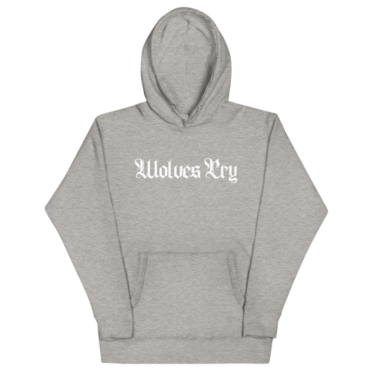 Front mock-up of Wolves Cry Everyday Spellout Hoodie in heather grey with white embroidery — minimalist tone-on-tone streetwear built for daily rotation.