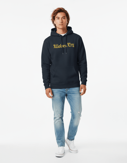 Model in Wolves Cry Everyday Spellout Hoodie navy & yellow — timeless varsity pairing built for everyday wear and performance.