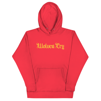 Front mock-up of Wolves Cry Everyday Spellout Hoodie in red with yellow gothic embroidery — bold contrast and timeless streetwear appeal.