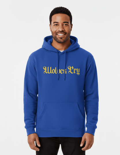 Model wearing Wolves Cry Everyday Spellout Hoodie in royal blue and yellow — streetwear meets heritage with a nod to classic team culture.