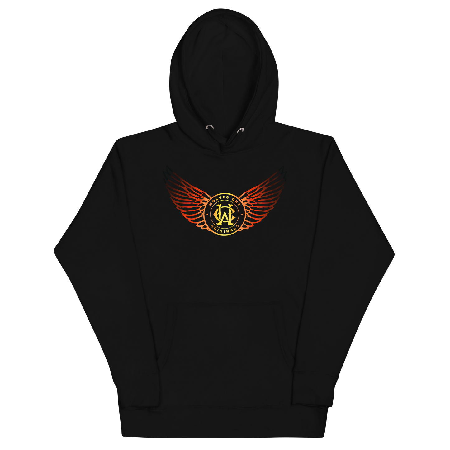 Wolves cry originals Black hoodie with a logo on the chest against a white background