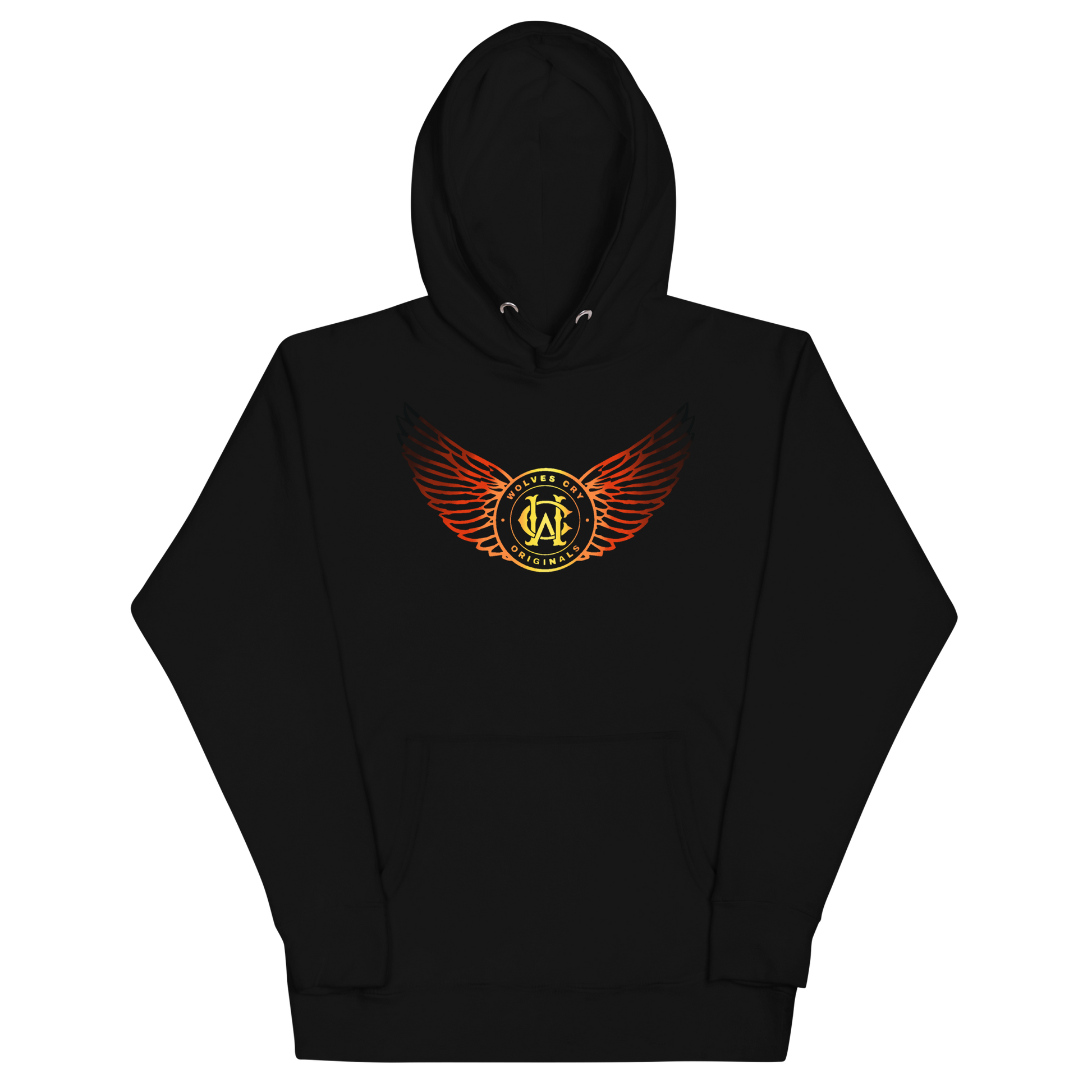 Wolves cry originals Black hoodie with a logo on the chest against a white background