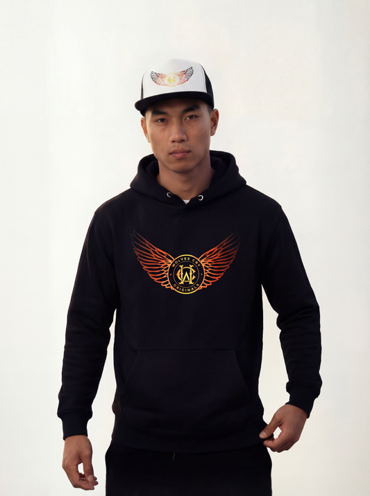 Person wearing a wolves cry originals black hoodie with a logo and a white cap with a design on a plain background