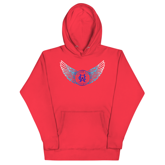 Red Wolves Cry hoodie with a blue and white logo on a white background