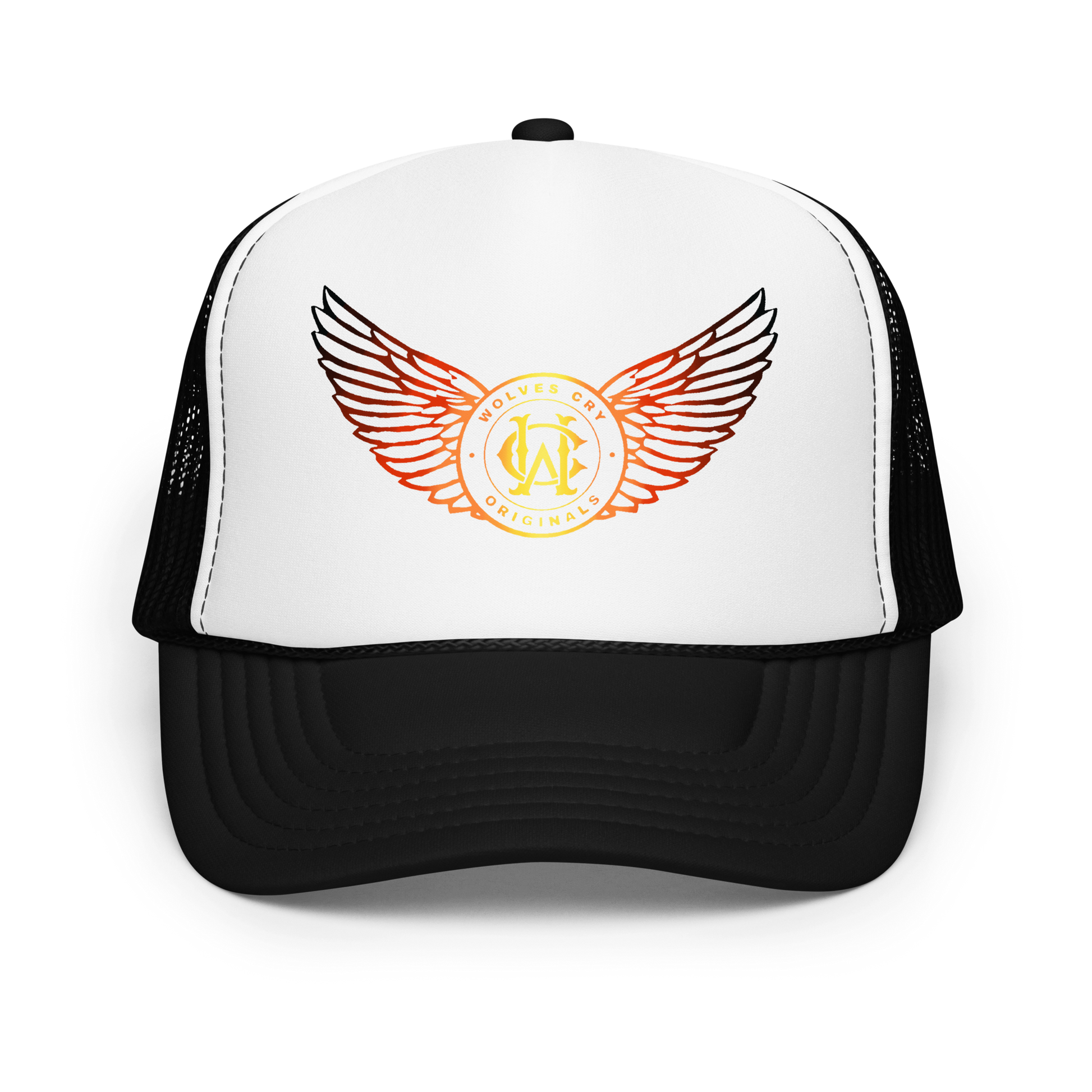 Wolves cry fire Trucker hat with wings and logo design on a white background