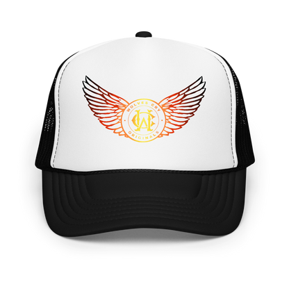 Wolves cry fire Trucker hat with wings and logo design on a white background