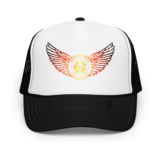 Wolves cry fire Trucker hat with wings and logo design on a white background