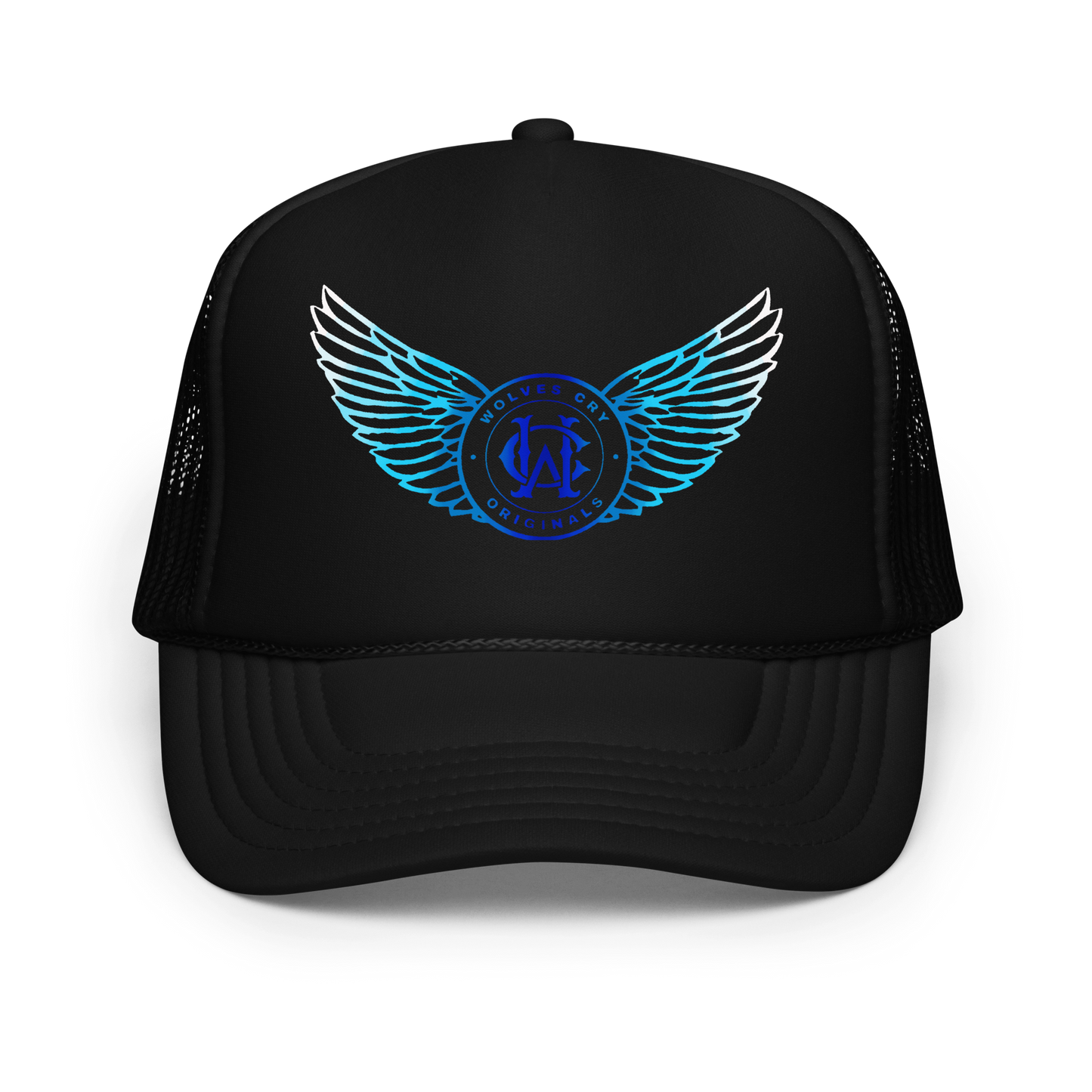 Wolves cry Black trucker cap with blue emblem on a white background