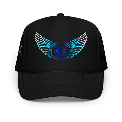 Wolves cry Black trucker cap with blue emblem on a white background