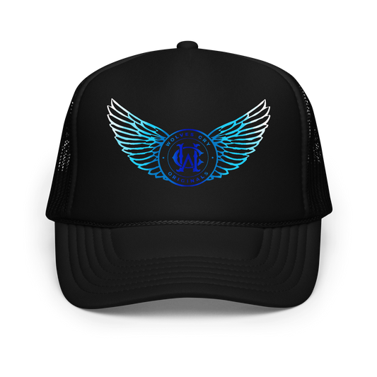 Wolves cry Black trucker cap with blue emblem on a white background