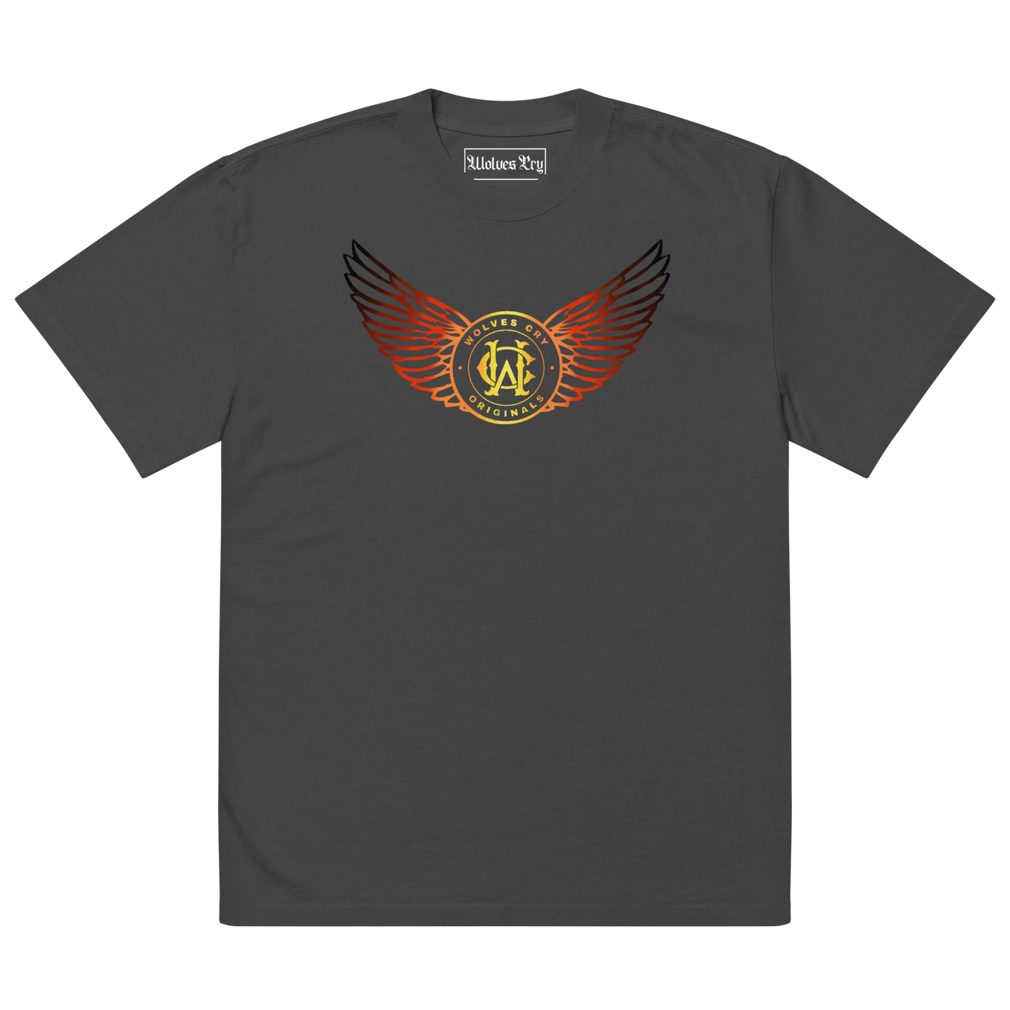 Black t-shirt with wolves cry flight academy logo on a white background