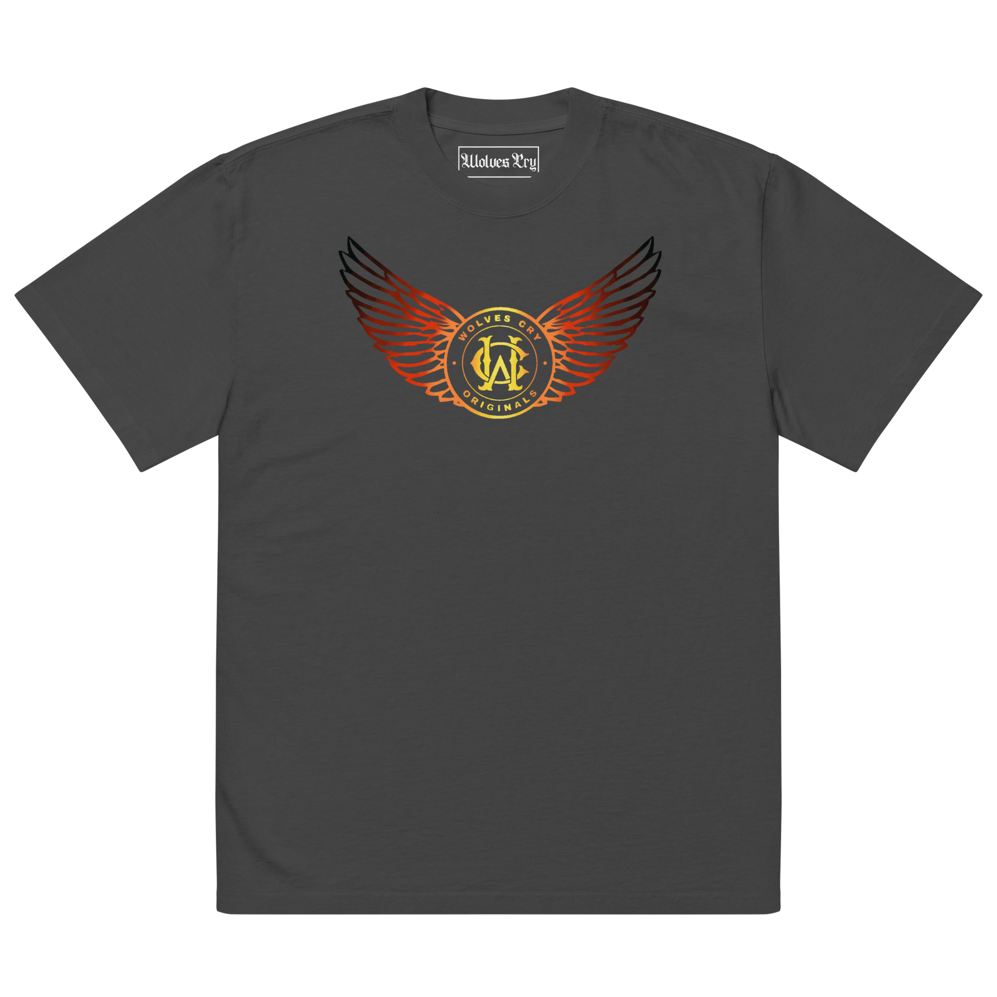 Black t-shirt with wolves cry flight academy logo on a white background