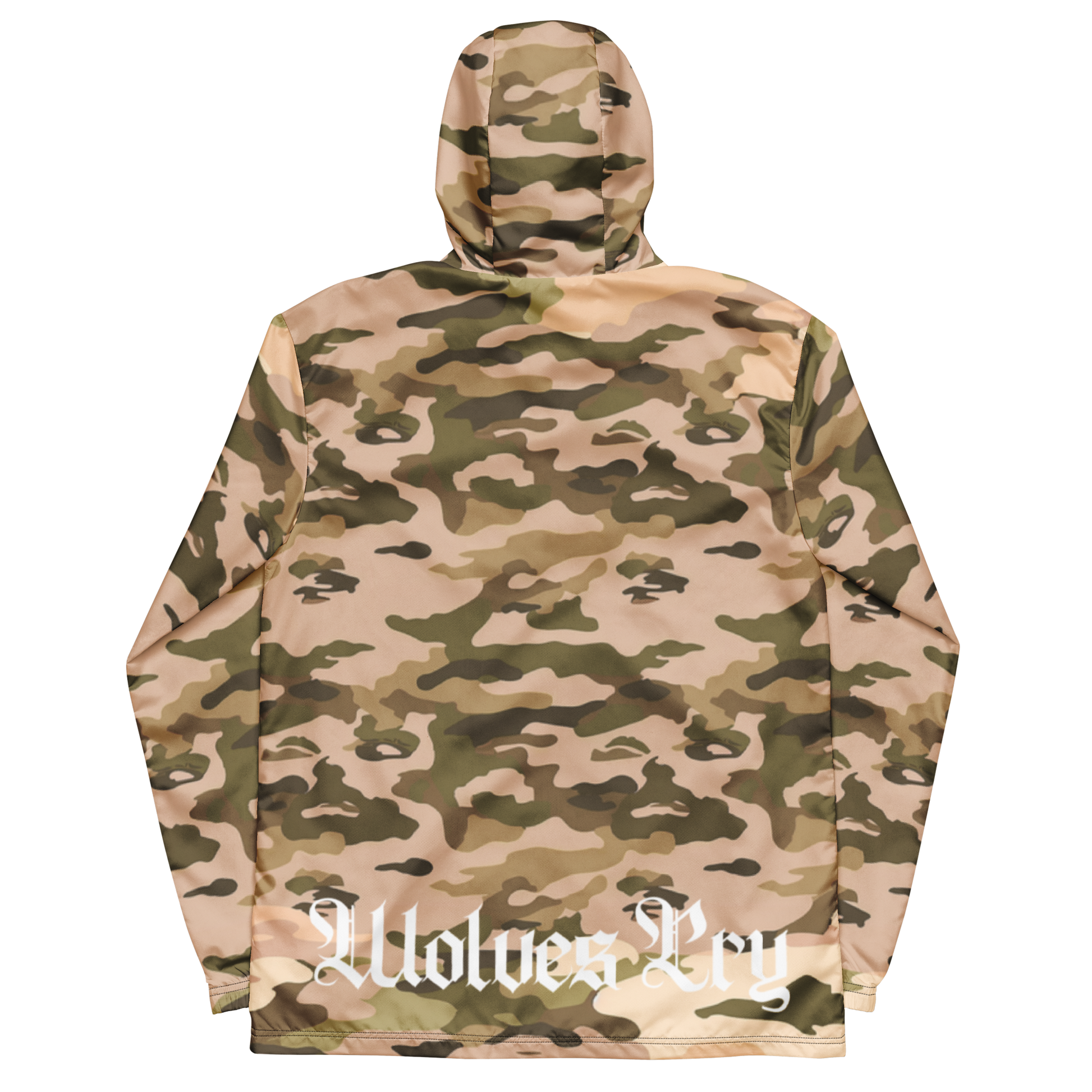 A hooded wolves cry originals windbreaker jacket with an all-over camouflage pattern in shades of tan, beige, brown, and olive green, shown from the back. A white Gothic-style text watermark reading , Wolves Cry' is printed across the lower back.