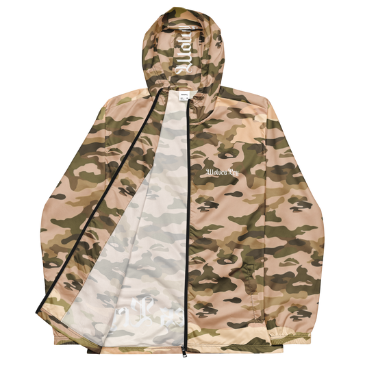 A hooded zip-up jacket in a beige, green, and brown camouflage pattern, shown open to reveal a light gray lining. The brand name 'Mildly Mildly' is printed in white on the hood and chest.
