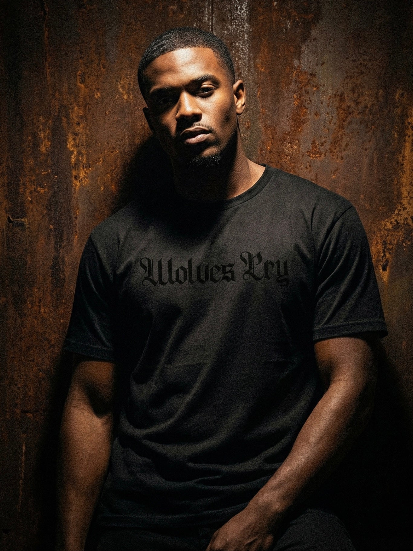 Man wearing a black t-shirt with 'Wolves Cry' text against a rusty metal background