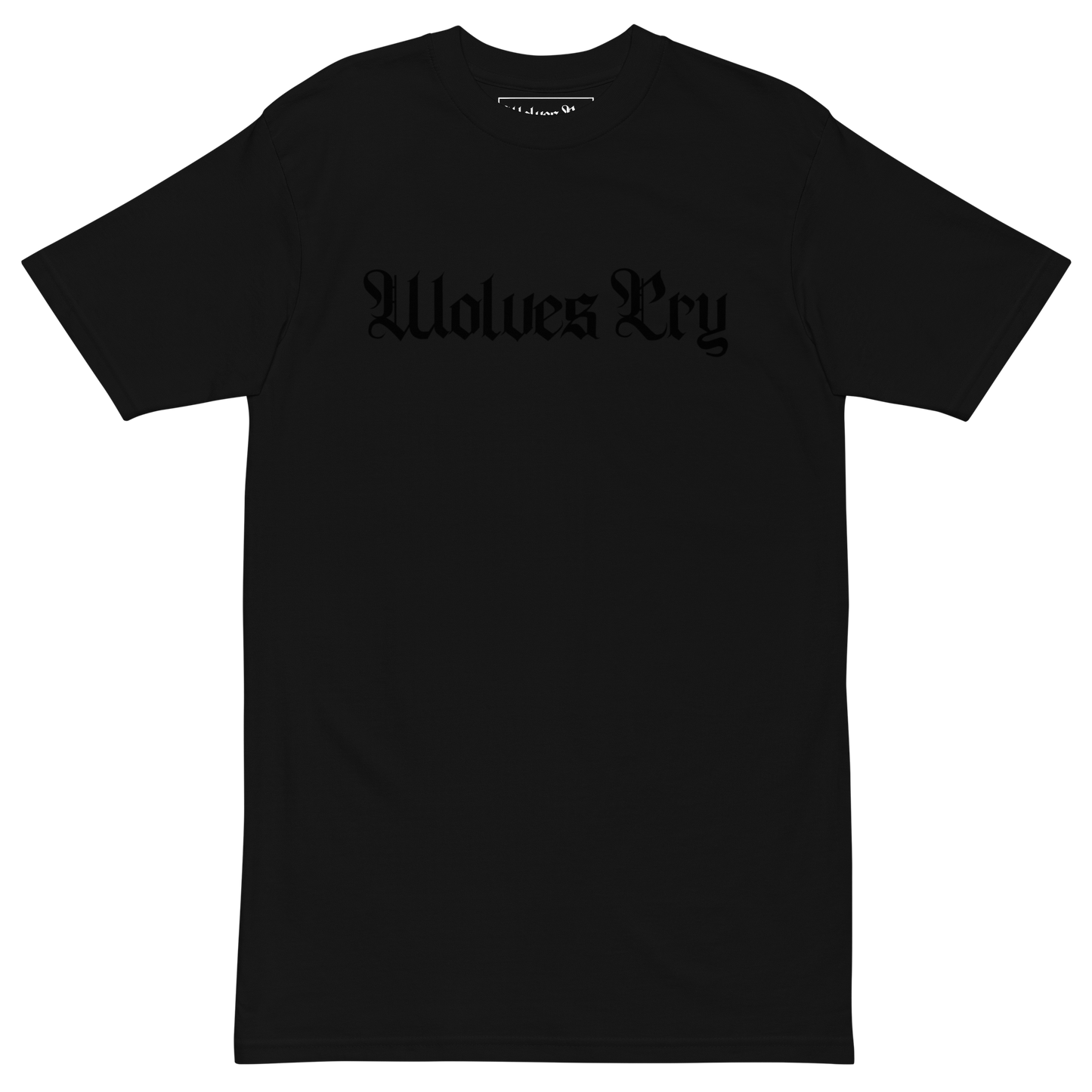 Black t-shirt with a brand logo on a white background