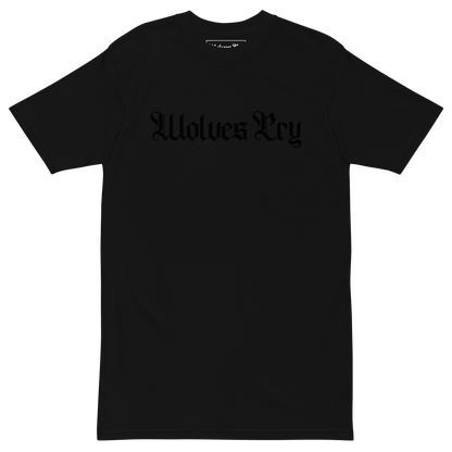 Black t-shirt with a brand logo on a white background