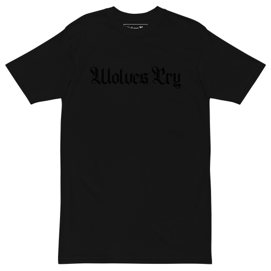 Black t-shirt with a brand logo on a white background