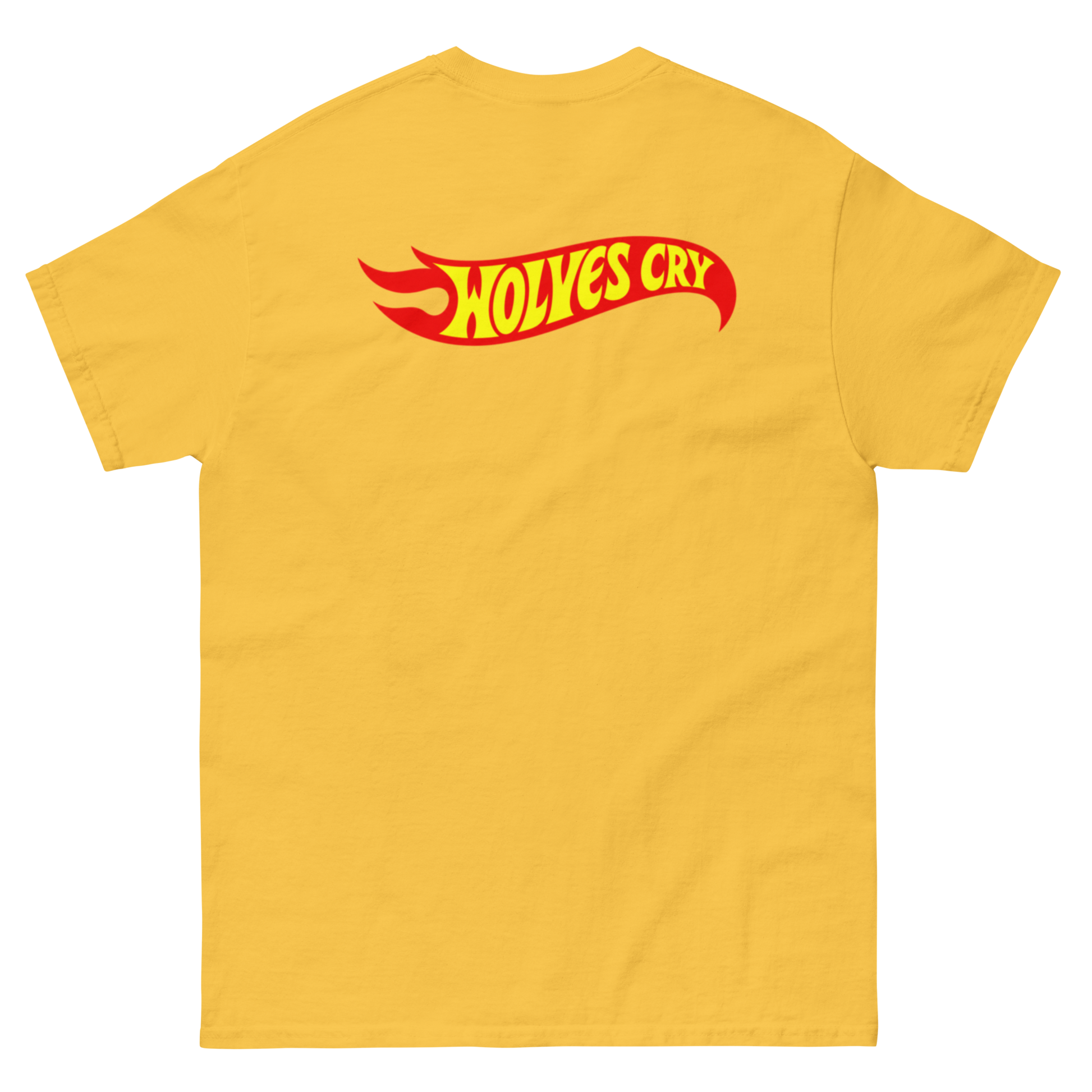 A yellow short-sleeve t-shirt shown from the back, featuring a red and yellow graphic logo on the upper back that reads ''Wolves Cry, hot wheels, style.