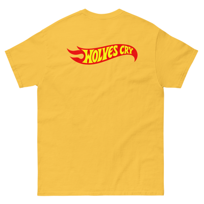 A yellow short-sleeve t-shirt shown from the back, featuring a red and yellow graphic logo on the upper back that reads ''Wolves Cry, hot wheels, style.