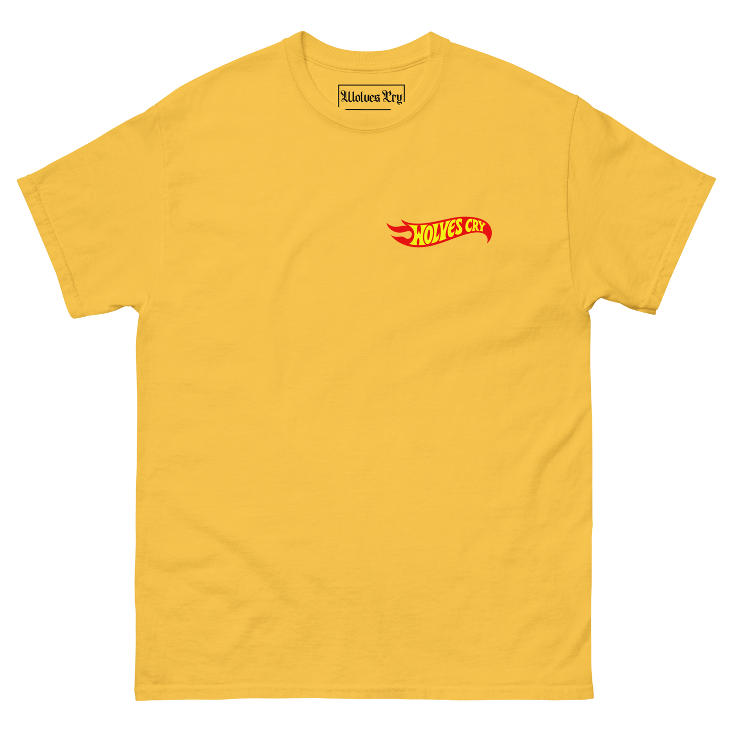 A yellow short-sleeve crewneck t-shirt featuring a small red and yellow 'wolvea cry hot wheels tee shirt.' logo on the left chest, displayed on a clean white background. 90s style nostalgia tee